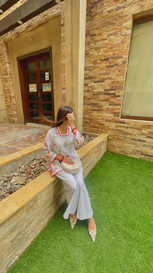 DTF Printed | Red Floral Textured Cotton Viscose Kurti