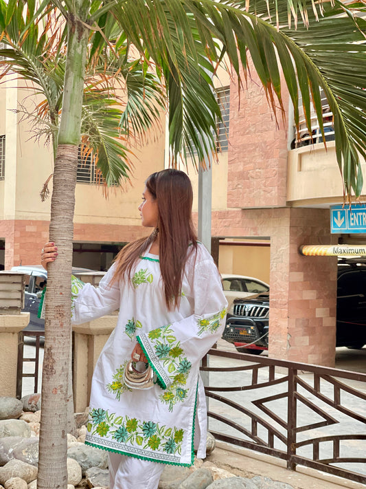 DTF Printed |  White Floral Textured Cotton Viscose  Kurti