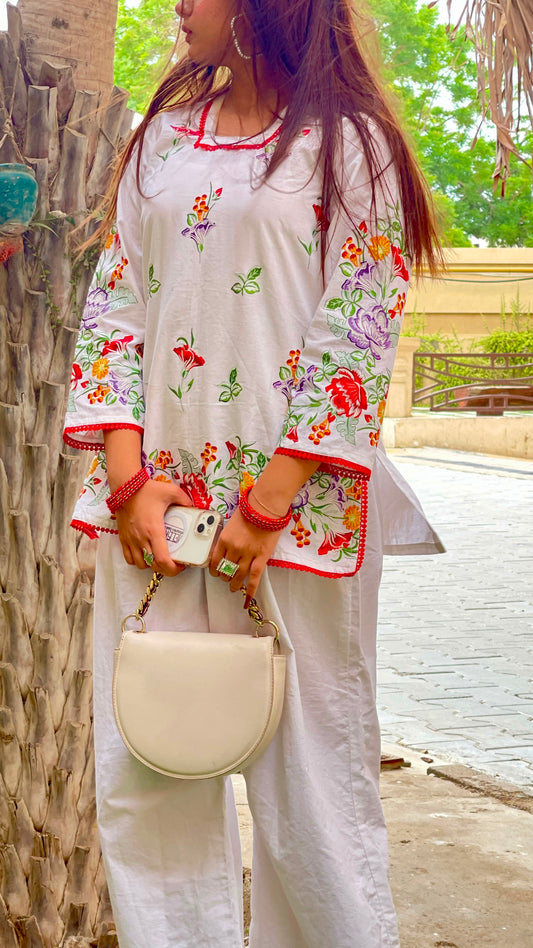 DTF Printed |  Red Floral Textured Cotton Viscose Kurti