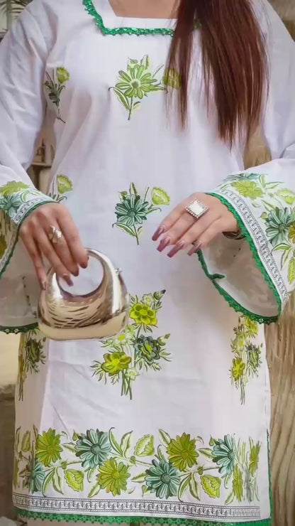 DTF Printed |  White Floral Textured Cotton Viscose  Kurti